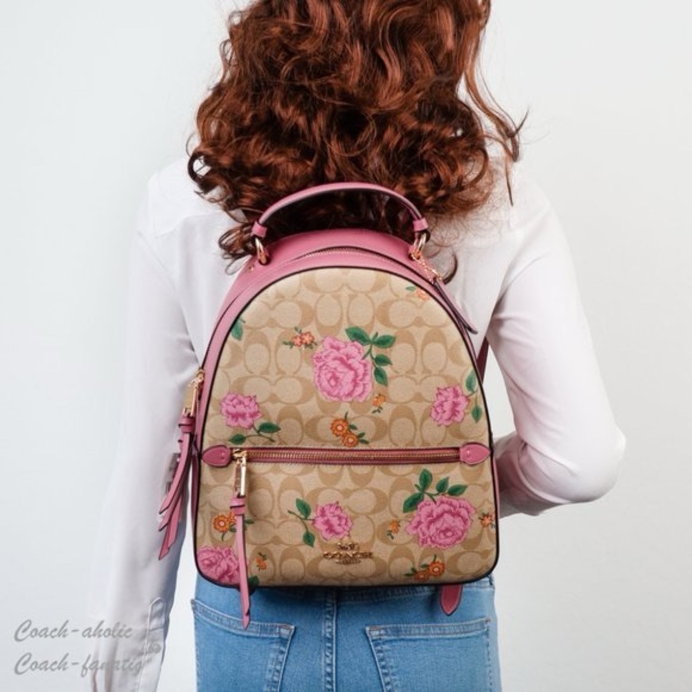Coach Floral Signature Canvas Backpack in Pink and Tan - Picture 5 of 14